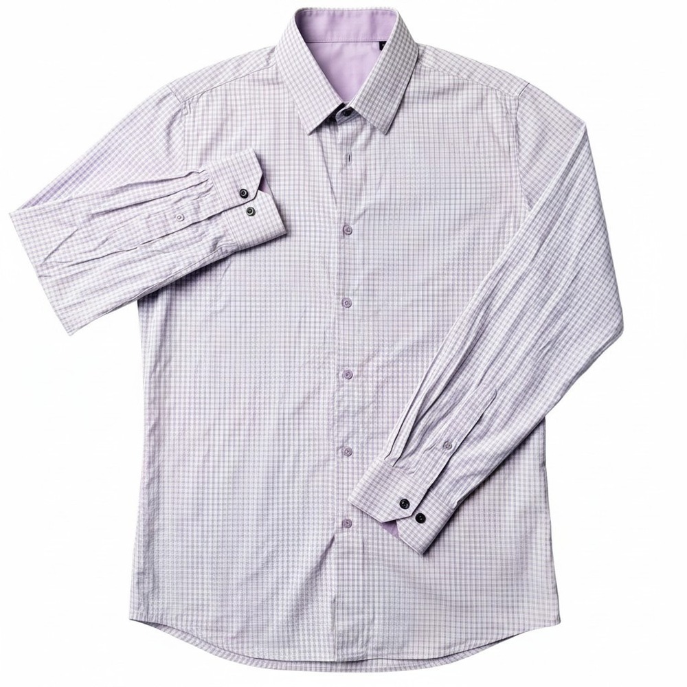 Duchamp London Dress Shirt Men 16/L Purple Gingham Slim Fit Preppy Business